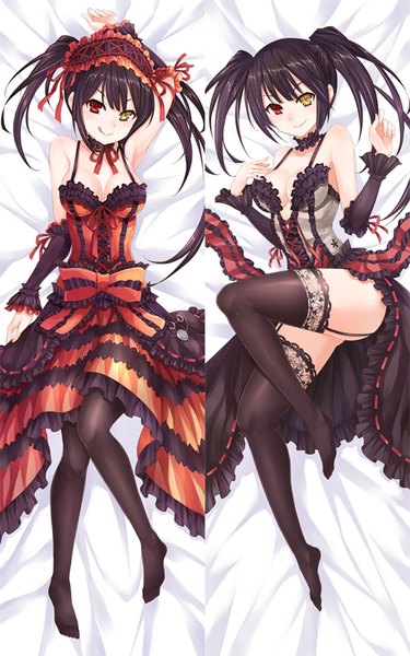 Anime-Bild 500x800 mit date a live tokisaki kurumi asle long hair tall image looking at viewer blush breasts light erotic black hair smile twintails full body heterochromia multiview dakimakura (medium) girl thighhighs dress black thighhighs