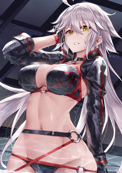 Anime picture 868x1228 with fate (series) fate/grand order jeanne d'arc (fate) (all) jeanne d'arc alter (fate) jeanne d'arc alter (swimsuit berserker) (fate) ks single long hair tall image looking at viewer fringe breasts light erotic hair between eyes large breasts standing yellow eyes cleavage silver hair ahoge