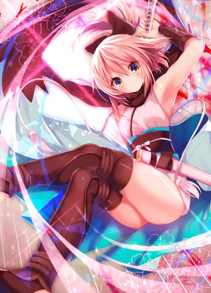 Anime picture 699x970 with fate (series) fate/grand order koha-ace okita souji (fate) (all) okita souji (koha-ace) nekoboshi sakko single tall image looking at viewer blush fringe short hair light erotic blonde hair hair between eyes brown eyes ass traditional clothes japanese clothes arm up