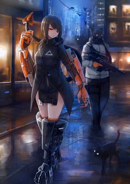 Anime picture 1446x2046 with original sumi elias kasagarasu tall image fringe short hair black hair looking away full body tail blunt bangs parted lips night mole orange eyes mole under eye city reflection cityscape slit pupils