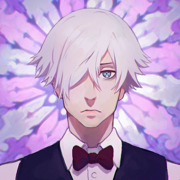 Anime picture 900x900 with death parade madhouse decim (death parade) ilya kuvshinov single looking at viewer fringe short hair grey hair hair over one eye portrait + + boy bowtie vest stained glass