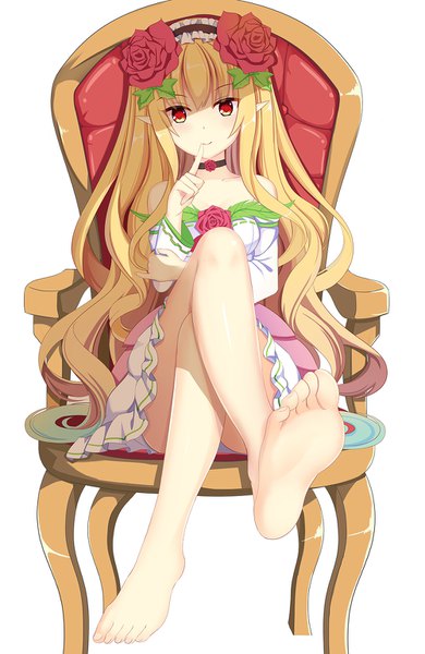 Anime picture 1000x1539 with dungeon and fighter mage (dungeon and fighter) muq single tall image looking at viewer blush fringe breasts simple background blonde hair hair between eyes red eyes white background sitting bare shoulders payot full body very long hair barefoot
