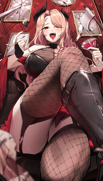 Anime picture 1087x1914 with original ddangbi single long hair tall image looking at viewer blush fringe breasts open mouth light erotic smile red eyes large breasts sitting holding pink hair bent knee (knees) braid (braids) nail polish