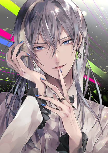 Anime picture 728x1034 with idolish 7 yukito orikasa nagame (nagaiame) single long hair tall image looking at viewer fringe blue eyes smile hair between eyes silver hair upper body nail polish parted lips grey background mole sparkle mole under eye gradient background