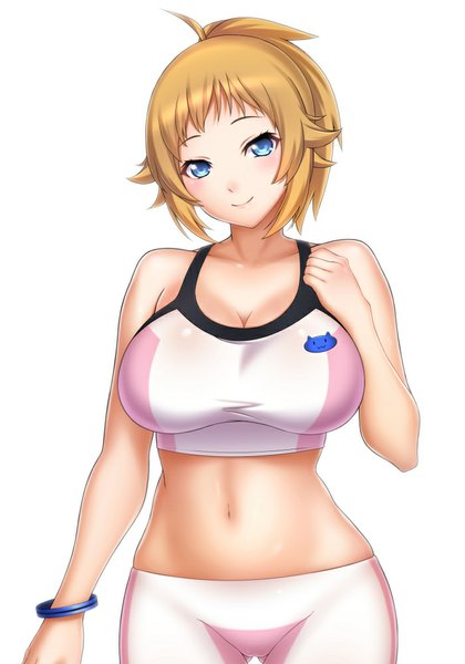 Anime picture 700x1000 with mobile suit gundam gundam build fighters sunrise (studio) hoshino fumina lintanghaseo single long hair tall image looking at viewer blush breasts blue eyes light erotic simple background blonde hair smile large breasts white background bare shoulders ponytail