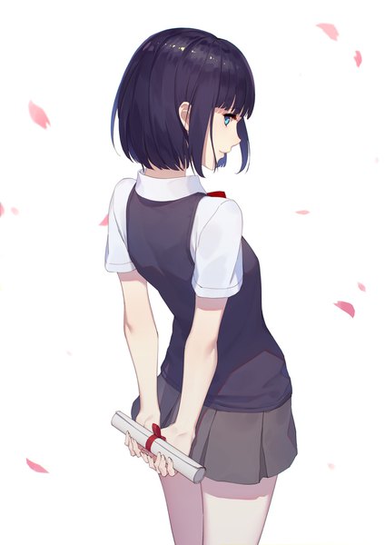 Anime picture 1447x2047 with kuzu no honkai yasuraoka hanabi daye bie qia lian single tall image looking at viewer fringe short hair breasts blue eyes simple background smile standing white background blue hair head tilt looking back short sleeves girl skirt