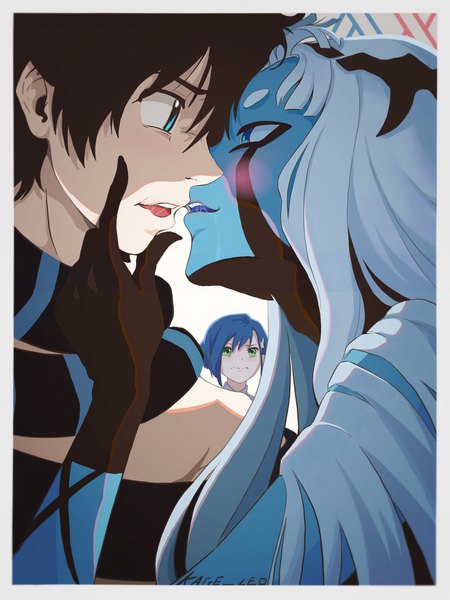 Anime picture 1668x2224 with darling in the franxx studio trigger ichigo (darling in the franxx) hiro (darling in the franxx) 001 (darling in the franxx) kage leo long hair tall image blush fringe short hair open mouth blue eyes black hair hair between eyes multiple girls green eyes signed blue hair white hair
