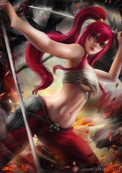 Anime picture 3532x5000 with fairy tail erza scarlet axsen single long hair tall image looking at viewer fringe highres breasts light erotic hair between eyes red eyes large breasts standing holding signed absurdres ponytail red hair