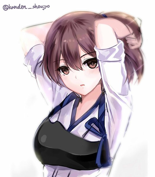 Anime picture 907x1036 with kantai collection kaga aircraft carrier mafuyu single tall image looking at viewer blush fringe short hair open mouth simple background brown hair white background brown eyes signed traditional clothes japanese clothes arms up adjusting hair arms behind head