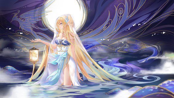 Anime picture 1920x1080 with original zuo600 single blush fringe highres breasts blue eyes blonde hair hair between eyes wide image standing holding looking away cleavage outdoors very long hair nail polish profile fingernails