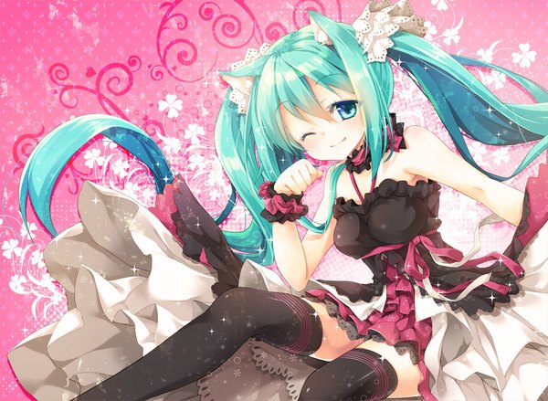 Anime picture 1000x733 with vocaloid hatsune miku mocha (naturefour) single looking at viewer blush smile twintails bare shoulders animal ears very long hair one eye closed aqua eyes wink cat ears aqua hair paw pose girl thighhighs dress