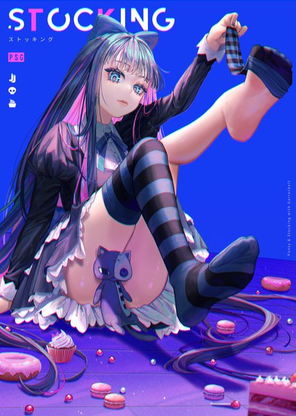 Anime picture 1461x2048 with panty & stocking with garterbelt anarchy stocking tamaki599 single tall image looking at viewer fringe blue eyes light erotic sitting blue hair pink hair full body blunt bangs very long hair multicolored hair streaked hair character names blue background colored inner hair
