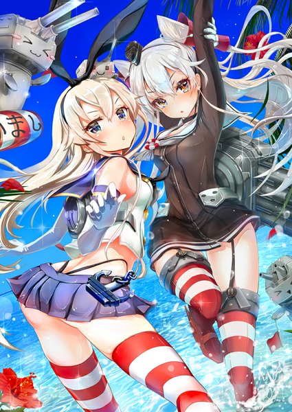 イラスト 637x900 と 艦隊これくしょん 島風(艦これ) 連装砲ちゃん 天津風(艦これ) 連装砲くん keepout@3日東g23a 長髪 長身像 カメラ目線 赤面 青い目 light erotic 金髪 multiple girls 茶目 尻 white hair pleated skirt arm up sparkle