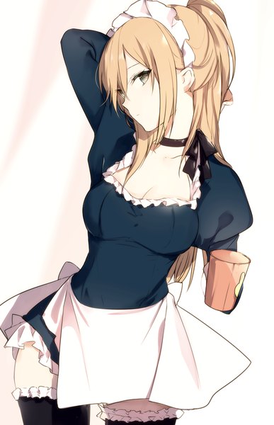 Anime picture 600x928 with original lpip single long hair tall image looking at viewer fringe breasts light erotic blonde hair large breasts standing white background brown eyes payot cleavage ponytail head tilt profile maid