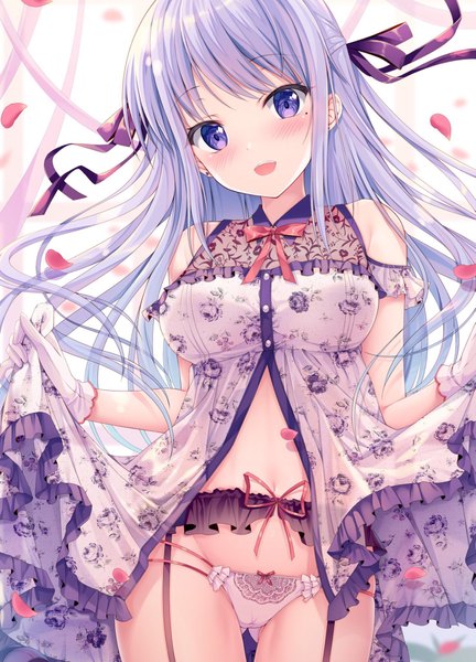 Anime picture 1475x2048 with twinbox school digimon215 single long hair tall image looking at viewer blush fringe breasts open mouth light erotic standing purple eyes bare shoulders payot purple hair head tilt mole bare belly mole under eye