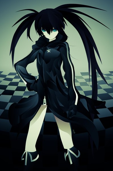 Anime picture 1309x1973 with black rock shooter black rock shooter (character) saiki (artist) single long hair tall image looking at viewer blue eyes black hair twintails hand on hip checkered floor girl gloves jacket boots cloak zipper