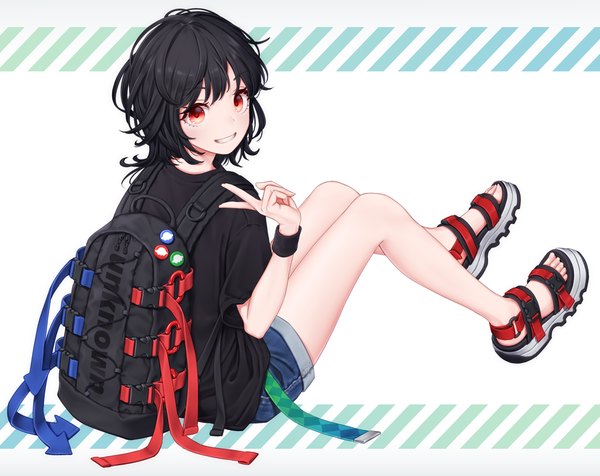 Anime picture 1168x928 with touhou houjuu nue torinari (dtvisu) single looking at viewer fringe short hair black hair simple background smile red eyes white background sitting full body bent knee (knees) looking back from behind alternate costume grin victory