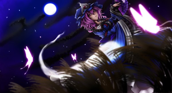 Anime picture 1980x1079 with touhou saigyouji yuyuko ebiokaki single highres short hair wide image purple eyes purple hair cloud (clouds) night girl dress insect butterfly moon bonnet fan