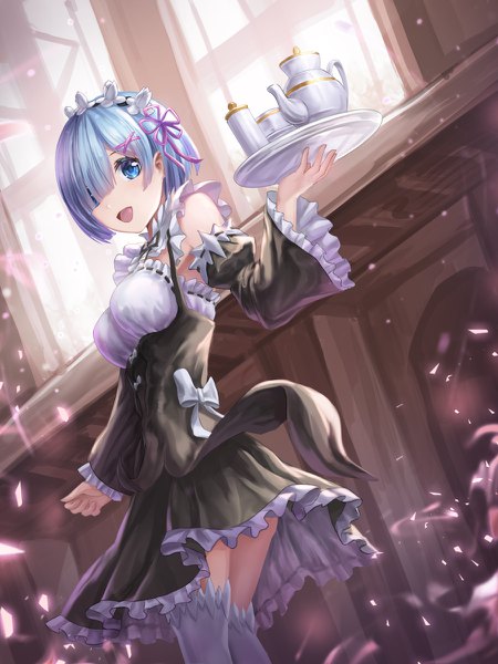 Anime picture 900x1200 with re:zero kara hajimeru isekai seikatsu white fox rem (re:zero) lunacle single tall image looking at viewer fringe short hair breasts open mouth blue eyes light erotic smile holding blue hair blunt bangs :d looking back from behind