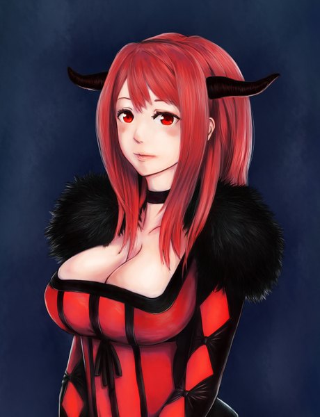 Anime picture 1150x1500 with maoyuu maou yuusha arms corporation maou (maoyuu) nakacha single long hair tall image looking at viewer blush fringe breasts red eyes large breasts cleavage red hair horn (horns) lips demon girl girl dress