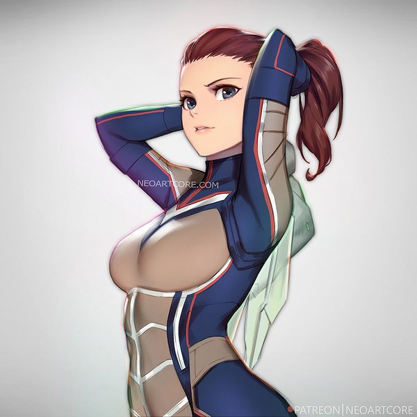 Anime picture 800x800 with marvel comics the wasp (janet van dyne) nudtawut thongmai single looking at viewer short hair blue eyes simple background brown hair upper body parted lips realistic grey background arms up watermark adjusting hair arms behind head eyeshadow tying hair girl