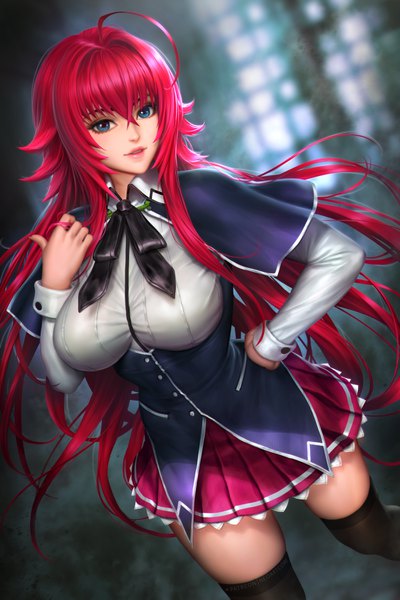 Anime picture 2400x3597 with highschool dxd rias gremory nudtawut thongmai single long hair tall image looking at viewer fringe highres breasts blue eyes hair between eyes large breasts standing signed ahoge red hair pleated skirt light smile blurry