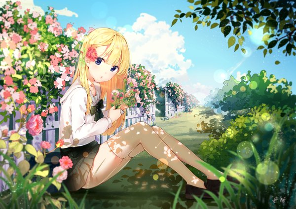 Anime picture 4093x2894 with original yinqi single looking at viewer blush fringe highres open mouth blue eyes blonde hair hair between eyes sitting holding signed absurdres sky cloud (clouds) full body bent knee (knees) outdoors