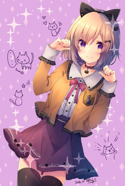 Anime picture 800x1185 with original azu torako single tall image looking at viewer blush fringe short hair blonde hair simple background smile hair between eyes standing purple eyes signed nail polish fingernails dutch angle thigh gap dated