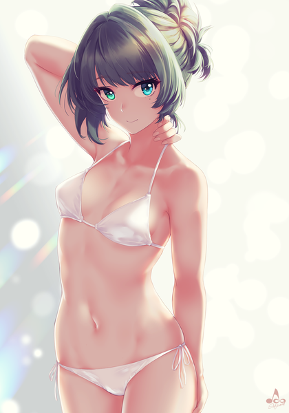 Anime picture 1500x2141 with idolmaster idolmaster cinderella girls takagaki kaede infinote single tall image looking at viewer fringe short hair breasts blue eyes light erotic simple background standing signed cleavage aqua eyes green hair light smile mole