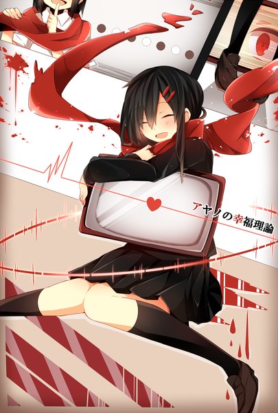 Anime picture 1000x1480 with kagerou project shaft (studio) ayano no koufuku riron (vocaloid) tateyama ayano nanase09rr tall image blush short hair black hair eyes closed girl skirt hair ornament socks hairclip scarf black socks television