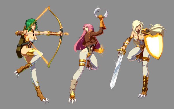 Anime picture 3056x1910 with long hair highres breasts open mouth blue eyes light erotic blonde hair wide image pink hair absurdres green hair midriff freckles leather thighhighs weapon sword armor bow (weapon) arrow (arrows)