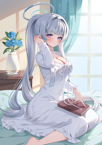 Anime picture 2894x4093 with blue archive noa (blue archive) etesumsom single tall image looking at viewer blush fringe highres breasts sitting purple eyes cleavage ponytail indoors blunt bangs very long hair grey hair girl dress