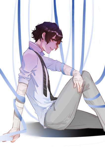 Anime picture 1024x1448 with bungou stray dogs studio bones dazai osamu (bungou stray dogs) kitsune (pixiv5601263) single tall image short hair smile brown hair white background sitting brown eyes profile boy ribbon (ribbons) shirt necktie bandage (bandages)