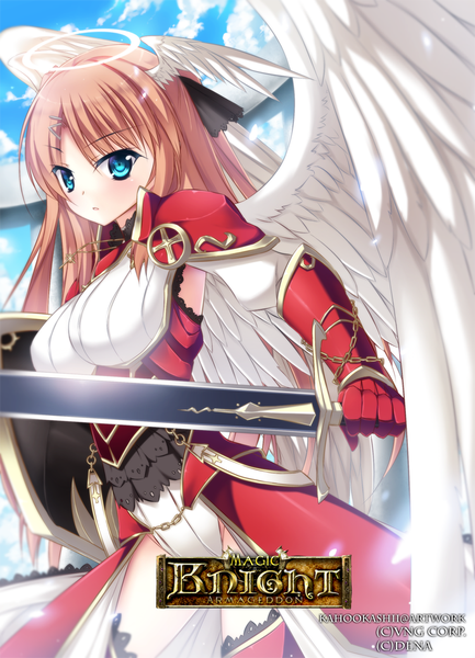 Anime picture 800x1107 with magic knight armageddon kaho okashii single long hair tall image blue eyes light erotic brown hair sky cloud (clouds) inscription head wings girl hair ornament weapon sword wings hairclip armor halo