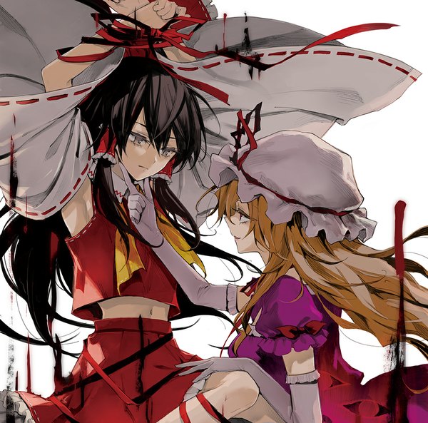 Anime picture 1000x989 with touhou hakurei reimu yakumo yukari minakata sunao long hair black hair blonde hair simple background red eyes white background multiple girls brown eyes traditional clothes profile looking down miko girl dress skirt gloves