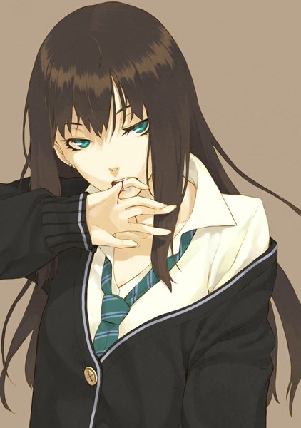 Anime picture 700x996 with idolmaster idolmaster cinderella girls shibuya rin takanuma tama single long hair tall image looking at viewer fringe open mouth simple background brown hair green eyes close-up open collar brown background girl uniform school uniform earrings