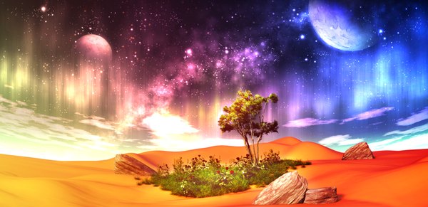 Anime picture 2060x1000 with original y-k highres wide image no people landscape aurora borealis desert flower (flowers) plant (plants) tree (trees) planet