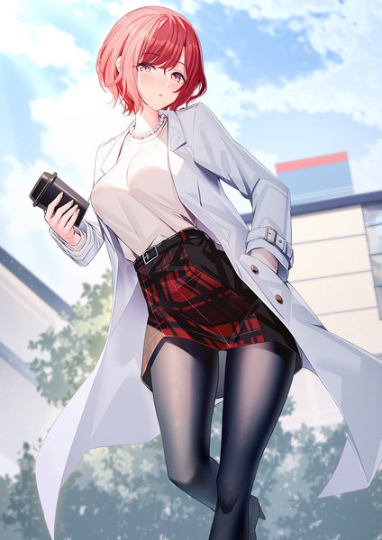 Anime picture 900x1273 with idolmaster idolmaster shiny colors higuchi madoka ririko (zhuoyandesailaer) single tall image looking at viewer blush fringe short hair breasts red eyes standing holding sky cloud (clouds) outdoors red hair blunt bangs long sleeves