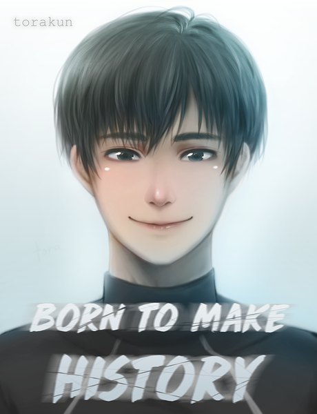 Anime picture 767x1000 with yuri!!! on ice mappa phichit chulanont torakun14 single tall image looking at viewer fringe short hair black hair simple background smile signed black eyes text portrait english boy