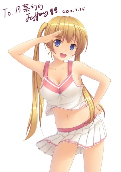 Anime picture 1000x1414 with original jeffery (backam) single long hair tall image blush open mouth blue eyes light erotic simple background blonde hair white background twintails girl navel miniskirt