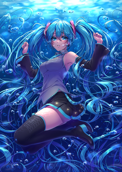 Anime picture 1447x2039 with vocaloid hatsune miku routo (rot 0) single tall image fringe hair between eyes twintails full body very long hair pleated skirt aqua eyes aqua hair underwater girl skirt detached sleeves miniskirt boots black skirt