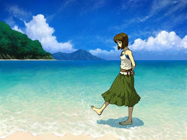Anime picture 1024x768 with idolmaster hagiwara yukiho om (carbohydratism) single brown hair sky barefoot beach partially submerged soles mountain hill water sea