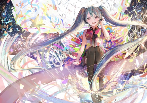 Anime picture 1600x1131 with vocaloid tell your world (vocaloid) hatsune miku sishenfan single looking at viewer blush fringe open mouth hair between eyes red eyes sitting twintails bare shoulders payot very long hair head tilt :d arm support teeth