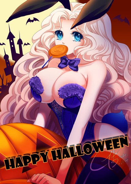 Anime picture 1024x1434 with gu (pixiv id4086399) single long hair tall image looking at viewer breasts blue eyes light erotic blonde hair large breasts very long hair bunny girl halloween happy halloween girl thighhighs bunnysuit vegetables jack-o'-lantern bat