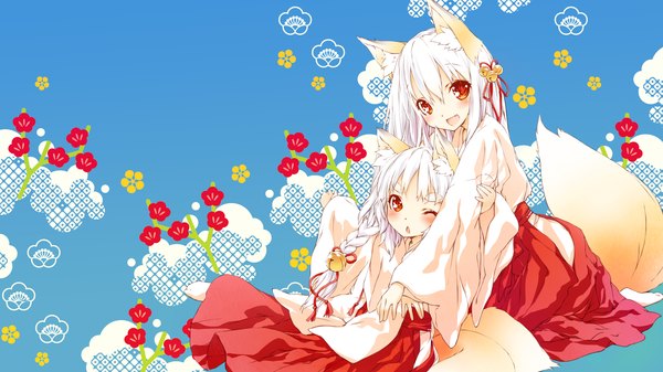 Anime picture 1920x1080 with original saeki touma long hair blush highres open mouth red eyes wide image multiple girls white hair fox ears fox tail fox girl girl flower (flowers) 2 girls bell jingle bell