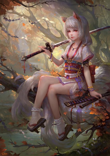Anime picture 900x1274 with original fom (lifotai) single long hair tall image looking at viewer red eyes sitting holding animal ears cleavage tail traditional clothes japanese clothes animal tail lips multiple tails girl weapon plant (plants)