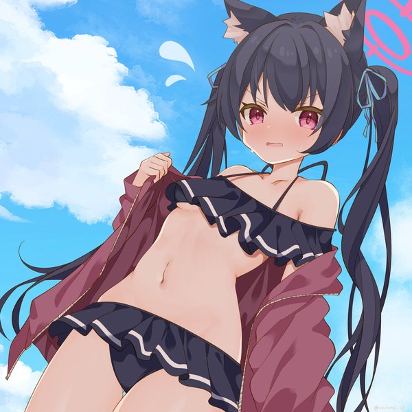 Anime picture 3000x3000 with blue archive serika (blue archive) serika (swimsuit) (blue archive) saekiya sabou single long hair looking at viewer highres light erotic black hair standing twintails animal ears sky cloud (clouds) pink eyes open jacket from below official alternate costume flying sweatdrops