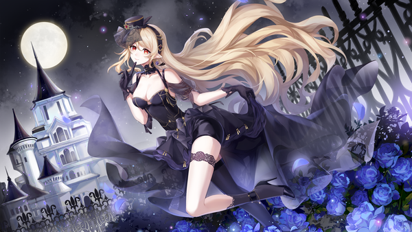 Anime picture 1920x1080 with original zuo600 single long hair looking at viewer fringe highres breasts light erotic blonde hair smile hair between eyes red eyes wide image standing bare shoulders payot cleavage cloud (clouds) outdoors