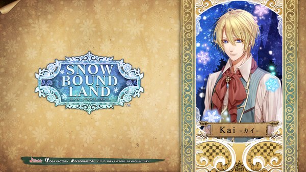 Anime picture 1920x1080 with snow bound land idea factory kai (snow bound land) single looking at viewer fringe highres short hair blue eyes simple background blonde hair wide image light smile scan inscription official art copyright name character names snowing boy
