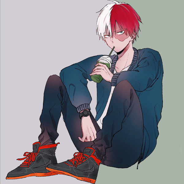 Anime picture 1563x1563 with boku no hero academia studio bones todoroki shouto suzu (pixiv4928382) single fringe short hair simple background hair between eyes sitting full body white hair red hair multicolored hair grey background open jacket two-tone hair heterochromia scar frown